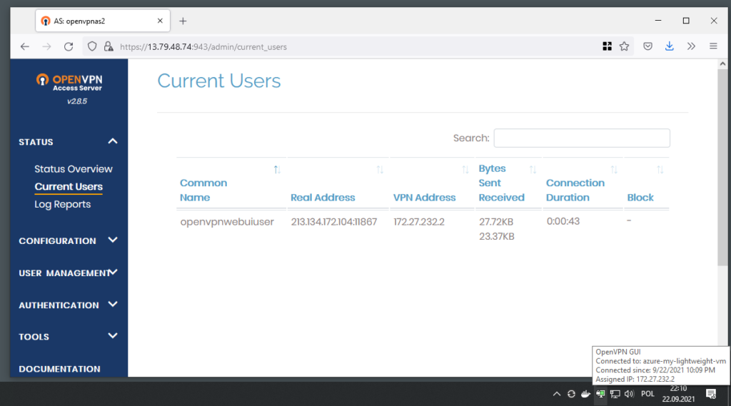 A control panel in Web UI of OpenVPN Access Server. It is available after logging in.