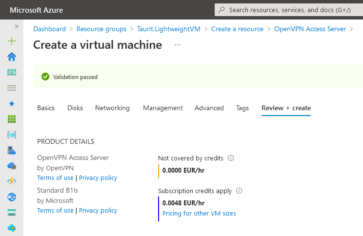 A screenshot from Azure Portal showing creation of an OpenVPN Access Server Virtual Machine.