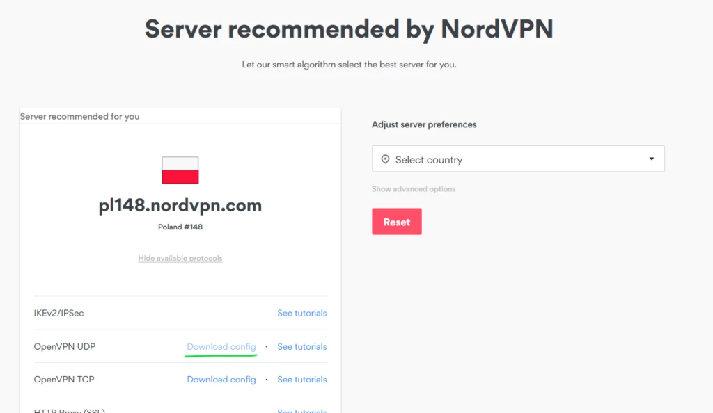Screenshot showing how to download NordVPN configuration compatible with the OpenVPN client
