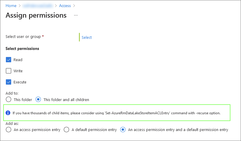 A warning in Data Lake Storage's UI in Azure Portal explaining that changing permissions is slow if there are many subfolders and files within them.