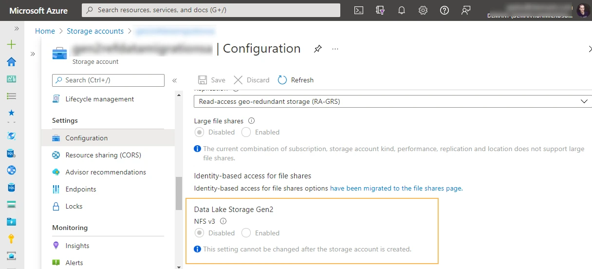 A screenshot from Azure Portal showing that change of NFS v3 capability in exiting Storage Accounts is impossible.