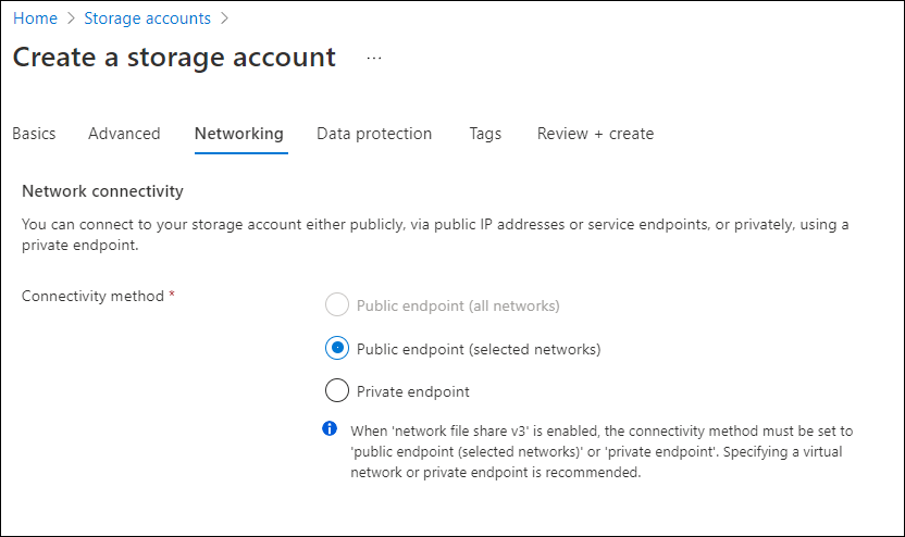 A screenshot from Azure Portal showing Network Connectivity options.
