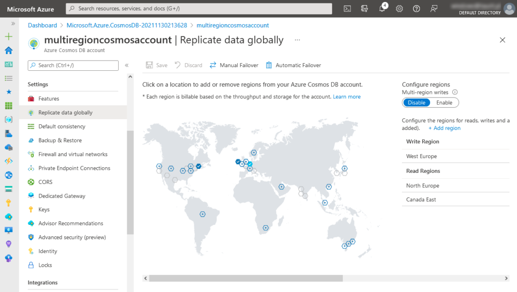 The “Replicate data globally” pane in Azure Portal. It shows which regions are selected as Write Regions and Read Regions in a Cosmos DB instance.