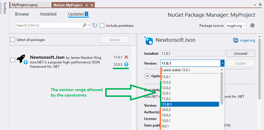 Developer's experience in Visual Studio when NuGet version constraints are defined for the package
