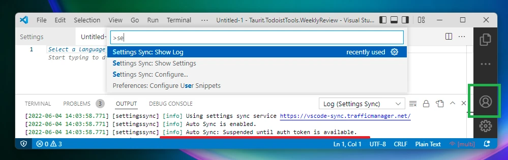Visual Studio Code showing logs from the settings synchronization operation.