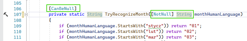 A screenshot demonstrating usage of the [NotNull] and [CanBeNull] attribute in C#.