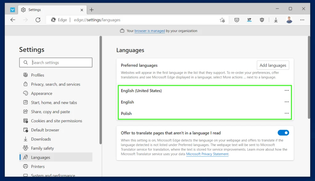 Changing language settings in Edge browser preferences, so Microsoft Docs open in English language by default. 