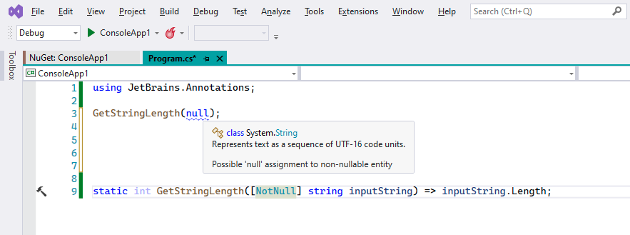 A screenshot demonstrating usage of the [CanBeNull] attribute in C#.