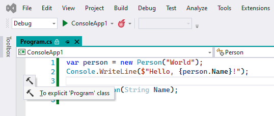Converting C# program using top-level statements to a class with main method.