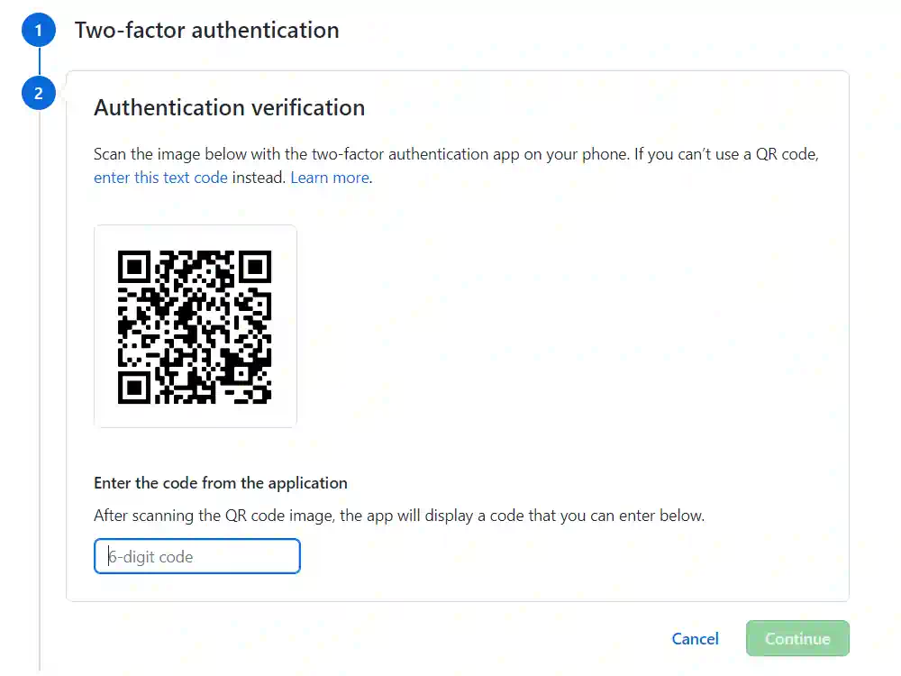 A screenshot showing the typical screen for setting up two-factor authentication. Here, GitHub service uses the TOTP method with characteristic QR codes.