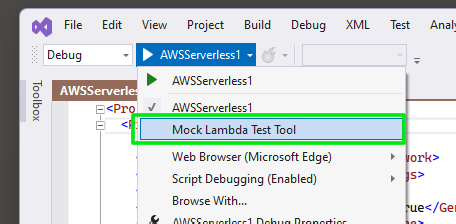 A debugging profile that allows to start a Serverless project and debug it in Visual Studio.