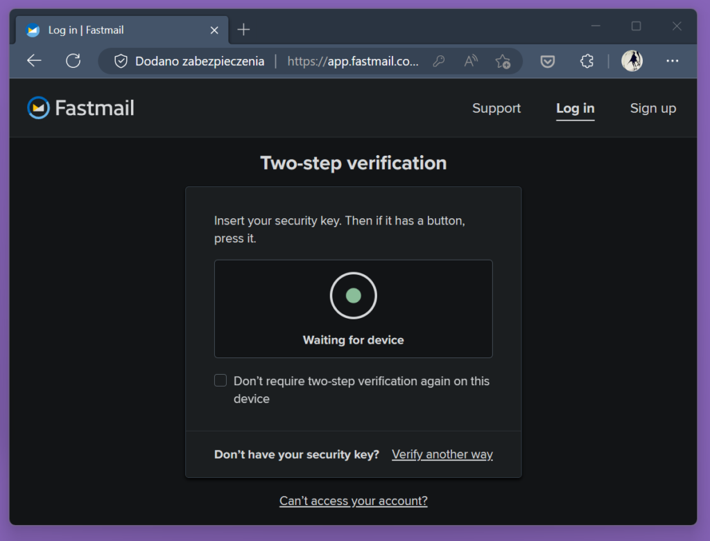 A typical two-step verification prompt on a website supporting WebAuthn protocol