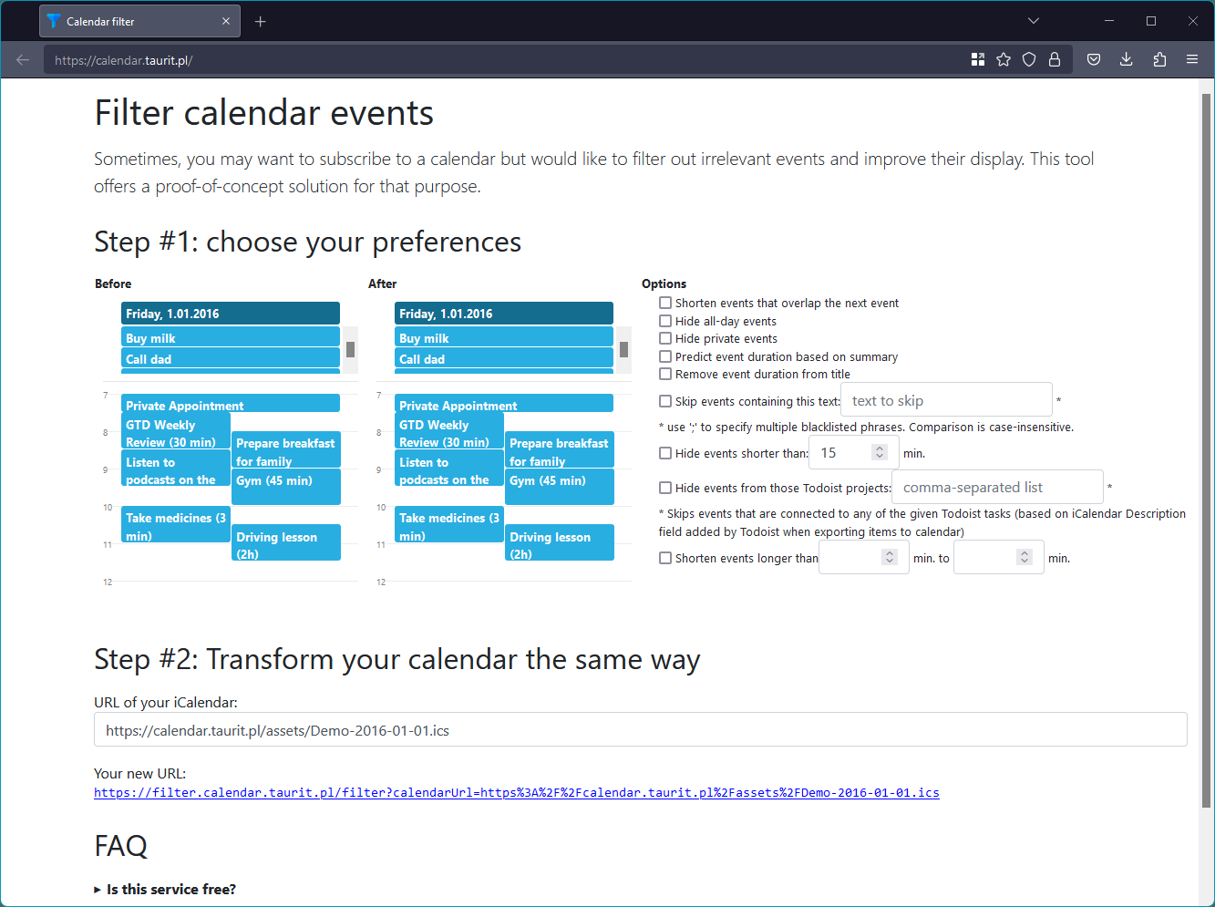 A screenshot of a configuration page available at https://calendar.taurit.pl. This page allows you to personalize your filter.