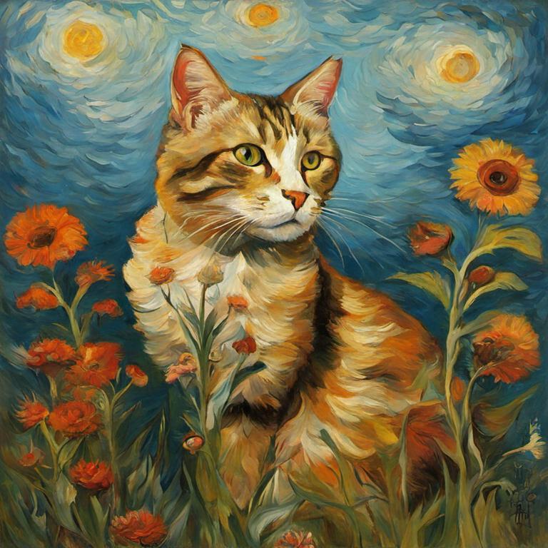 An AI-generated painting of a cat in Van Gogh's style