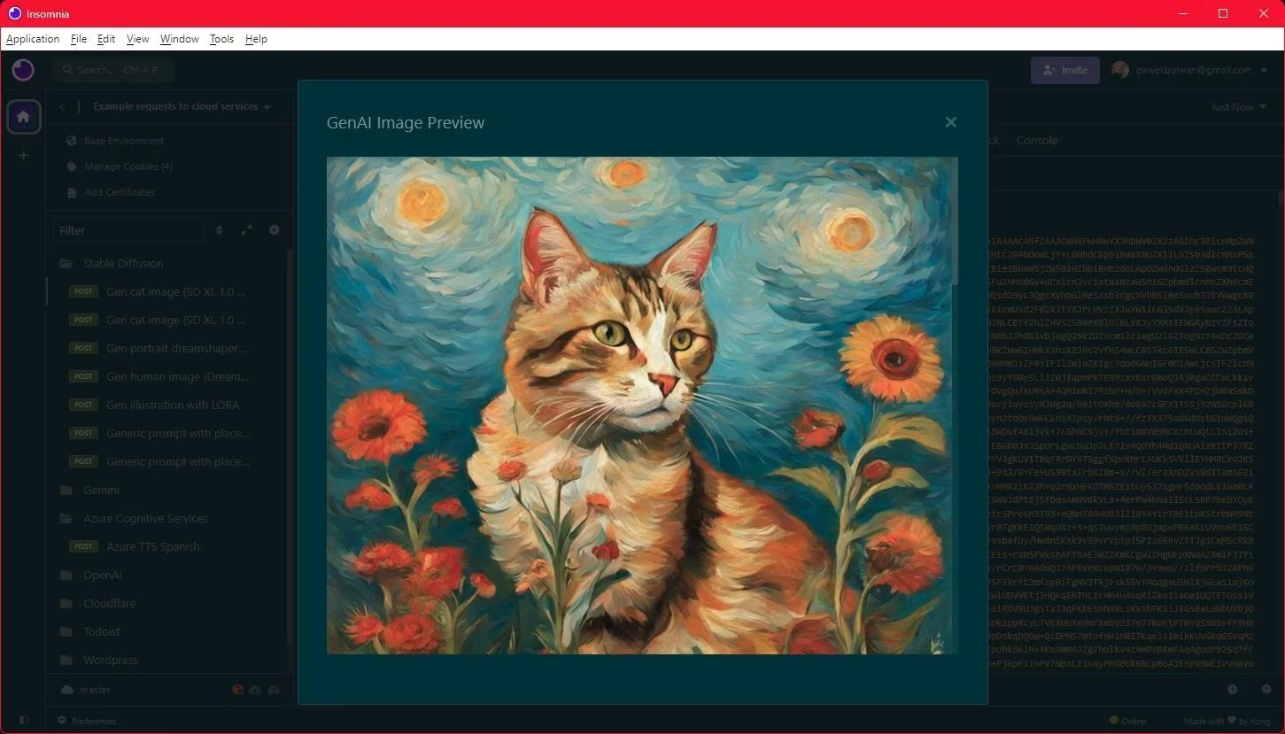 A screenshot of my new plugin for Insomnia that displays preview of images returned by Generative AI APIs