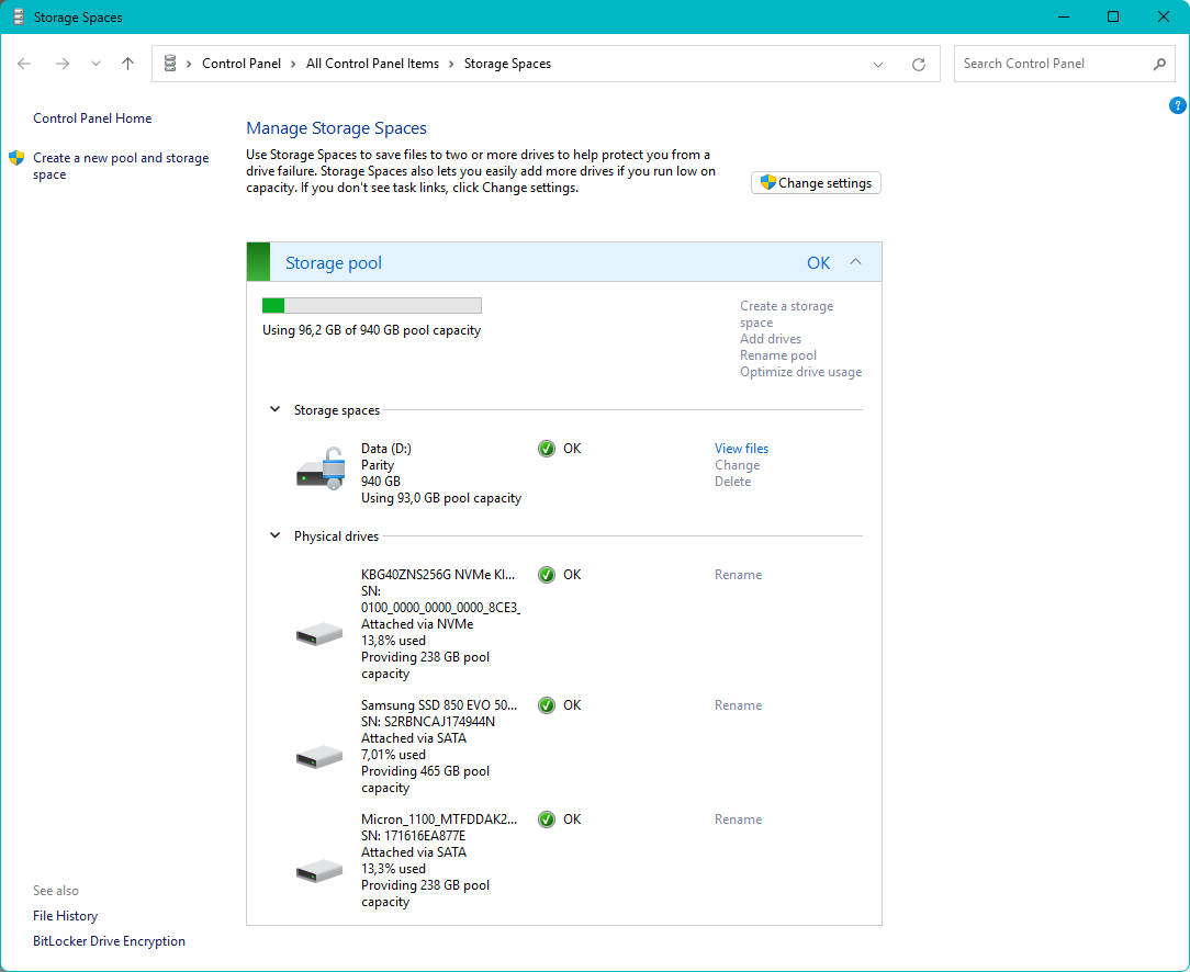 A screenshot of the Storage Spaces configuration window in Windows 11